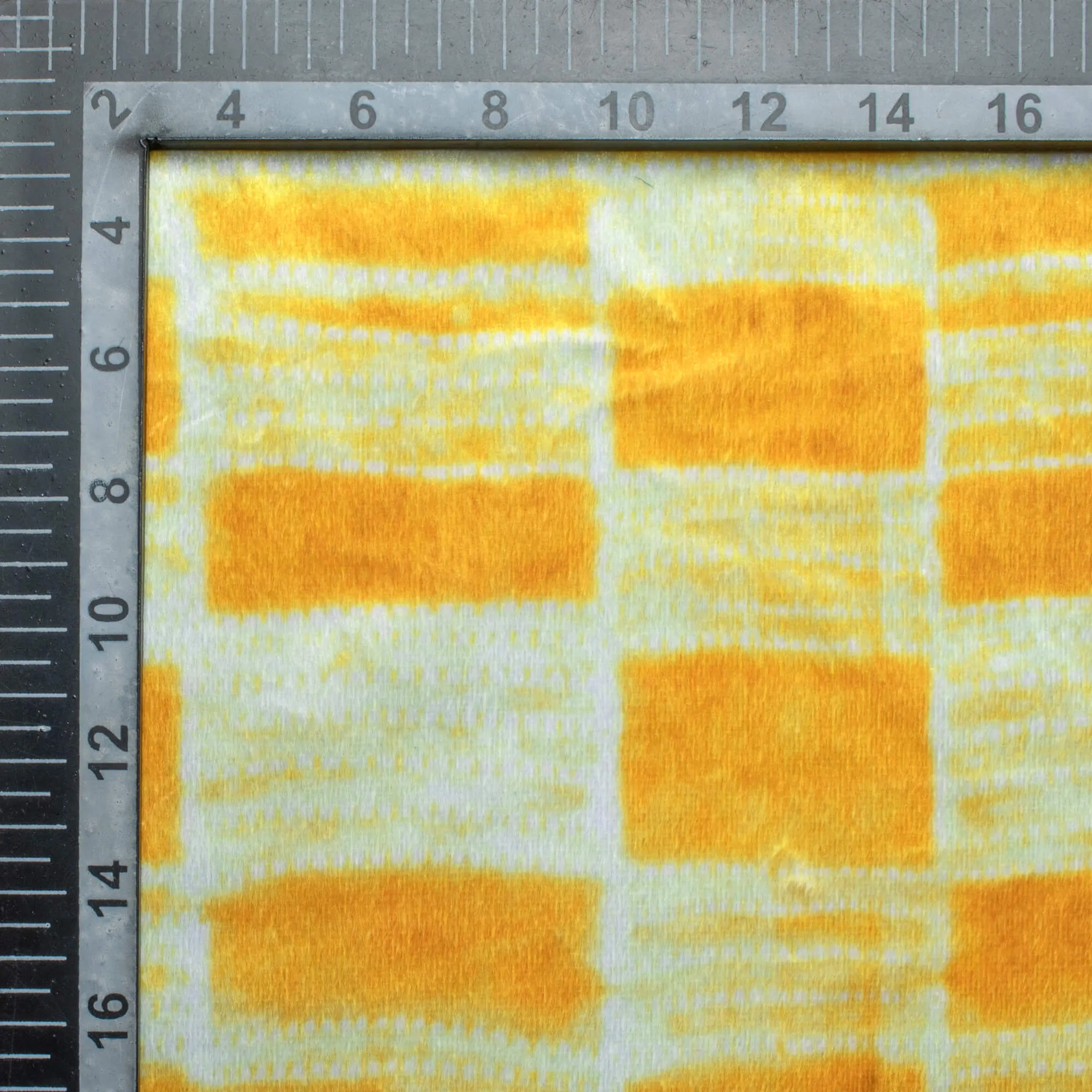 Amber Yellow And White Checks Pattern Digital Print Velvet Fabric (Width 58 Inches)