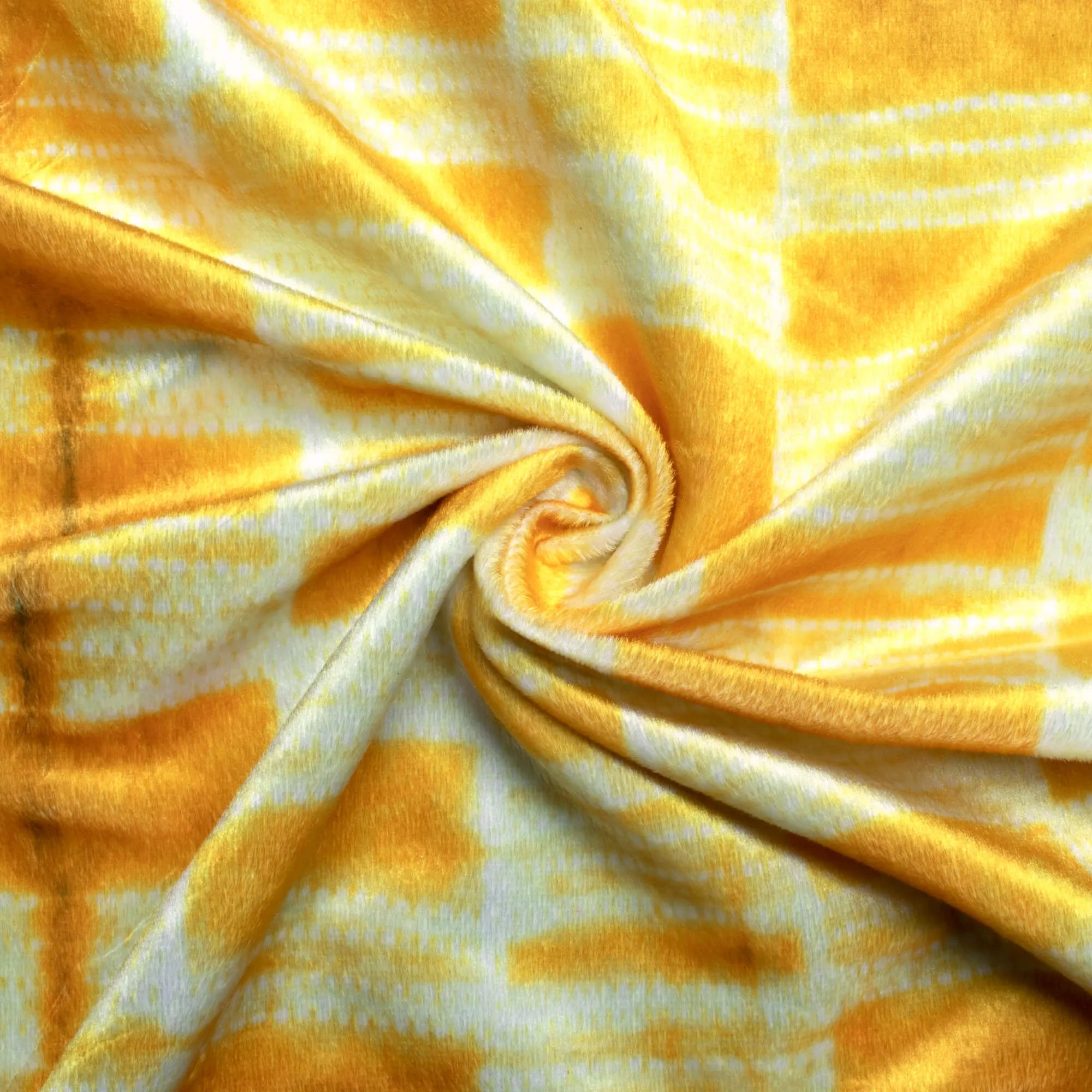 Amber Yellow And White Checks Pattern Digital Print Velvet Fabric (Width 58 Inches)
