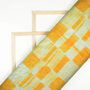 Amber Yellow And White Checks Pattern Digital Print Velvet Fabric (Width 58 Inches)