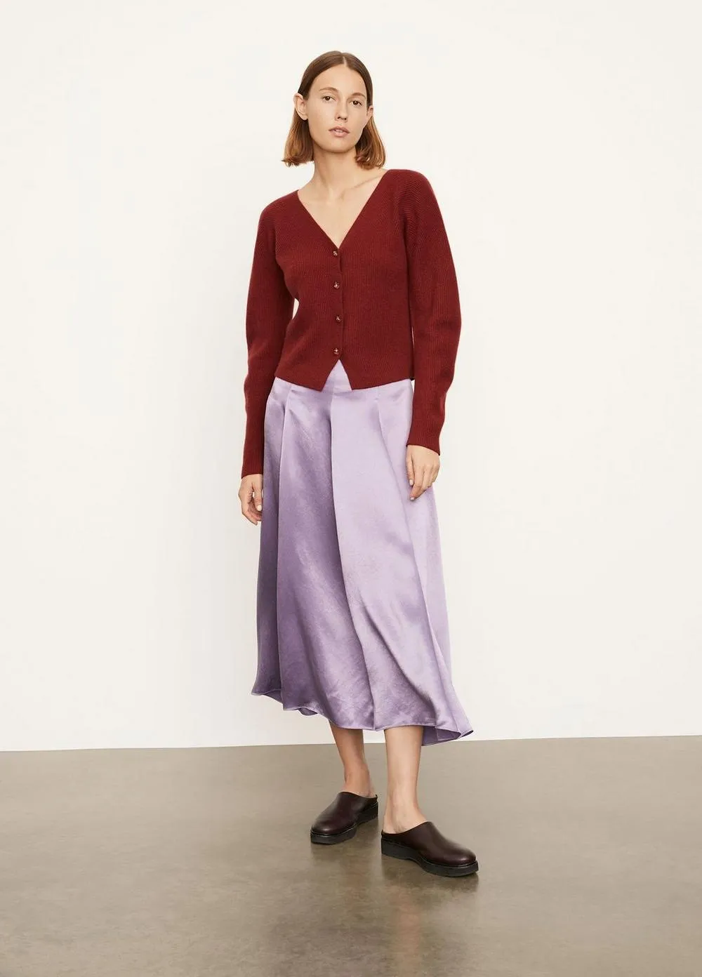 Cashmere Ribbed Open Neck Cardigan in Currant