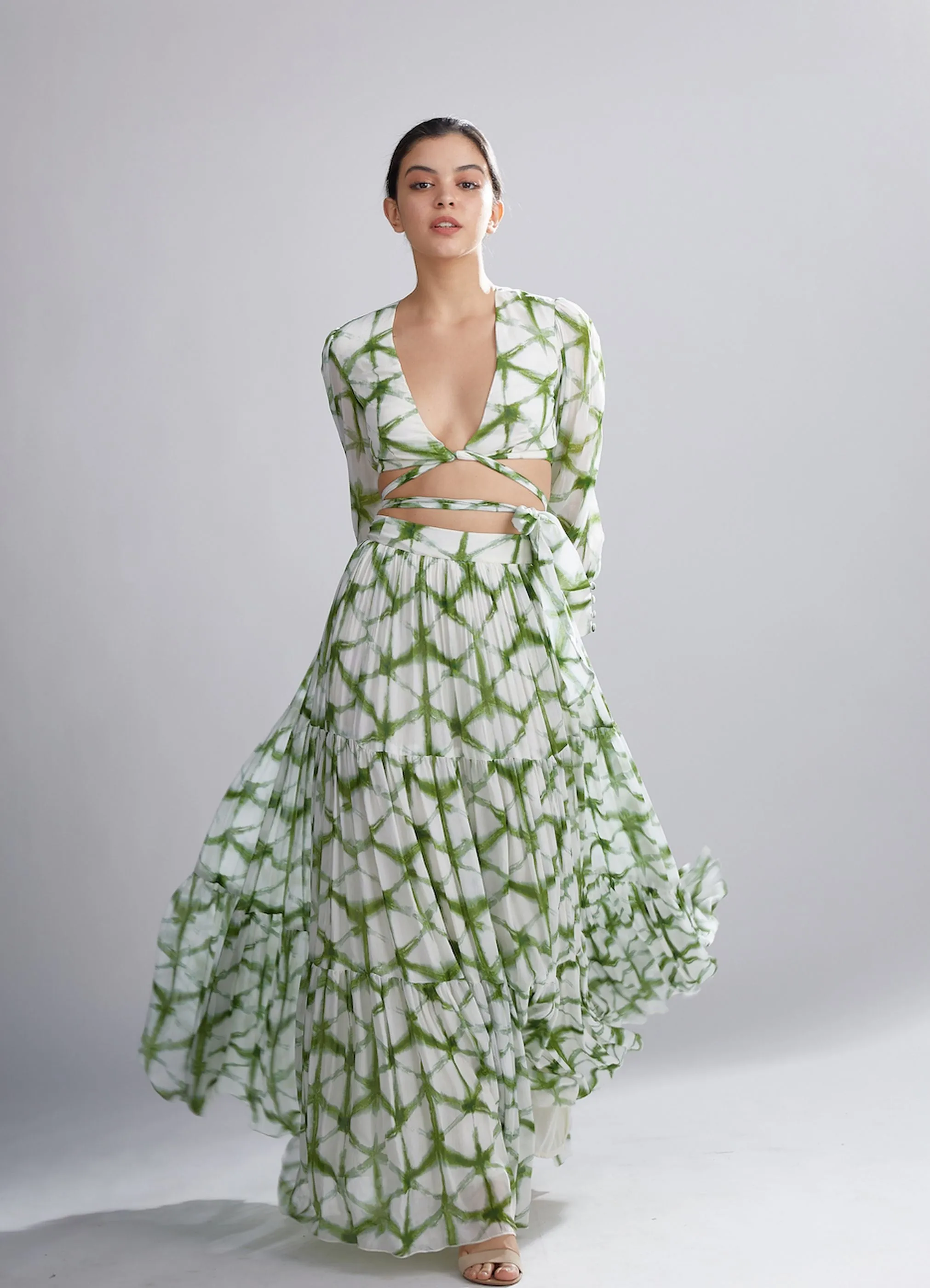 CREAM AND GREEN SHIBORI SKIRT