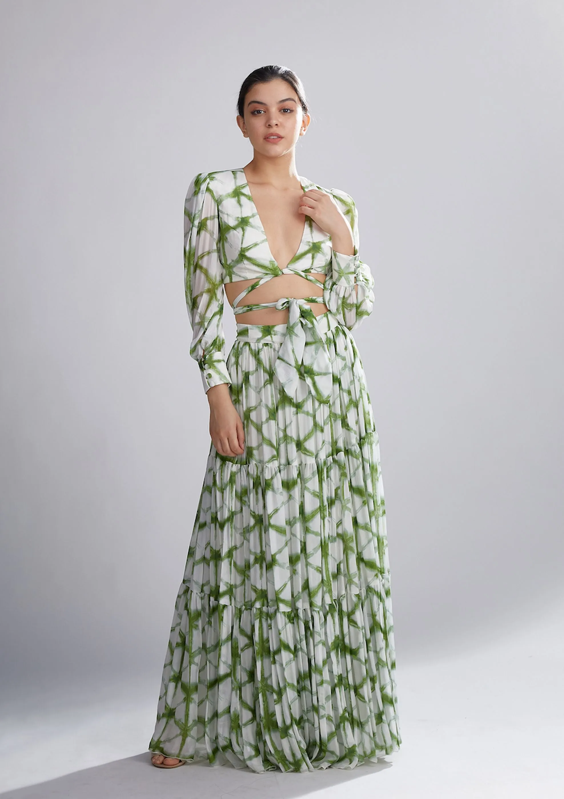 CREAM AND GREEN SHIBORI SKIRT
