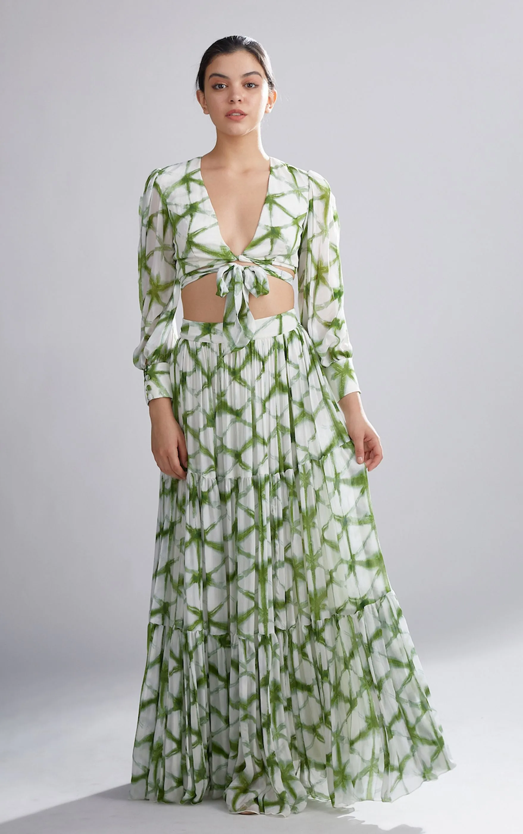 CREAM AND GREEN SHIBORI SKIRT
