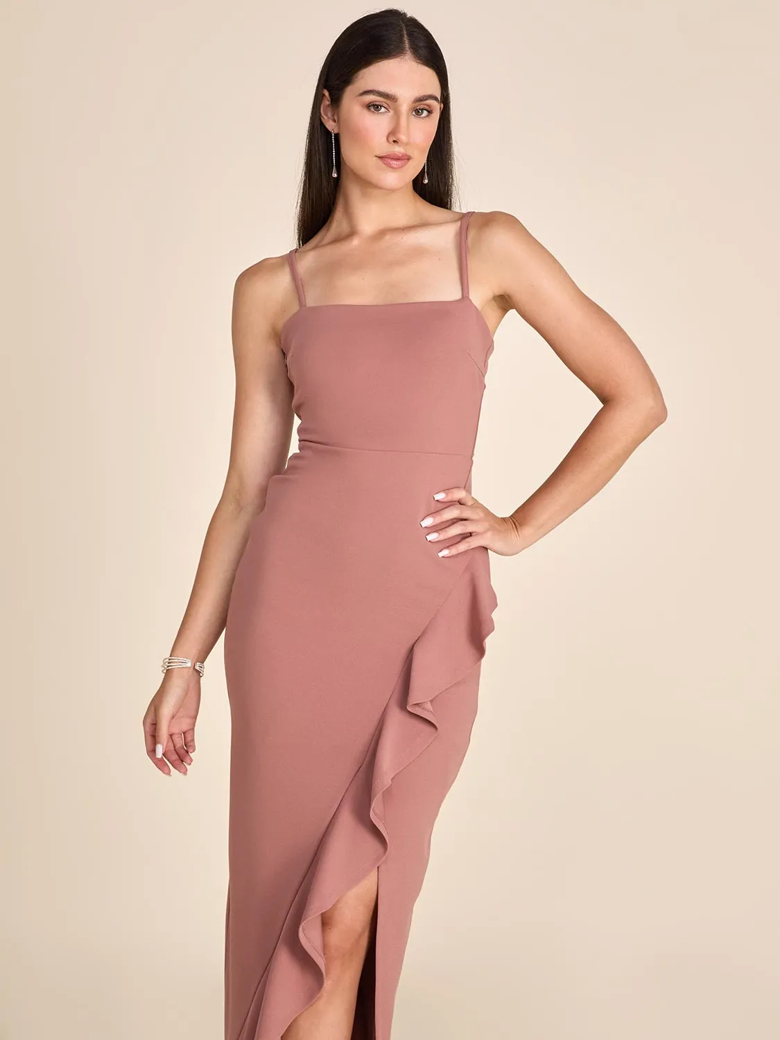 Fitted Gown With Ruffled Side Slit