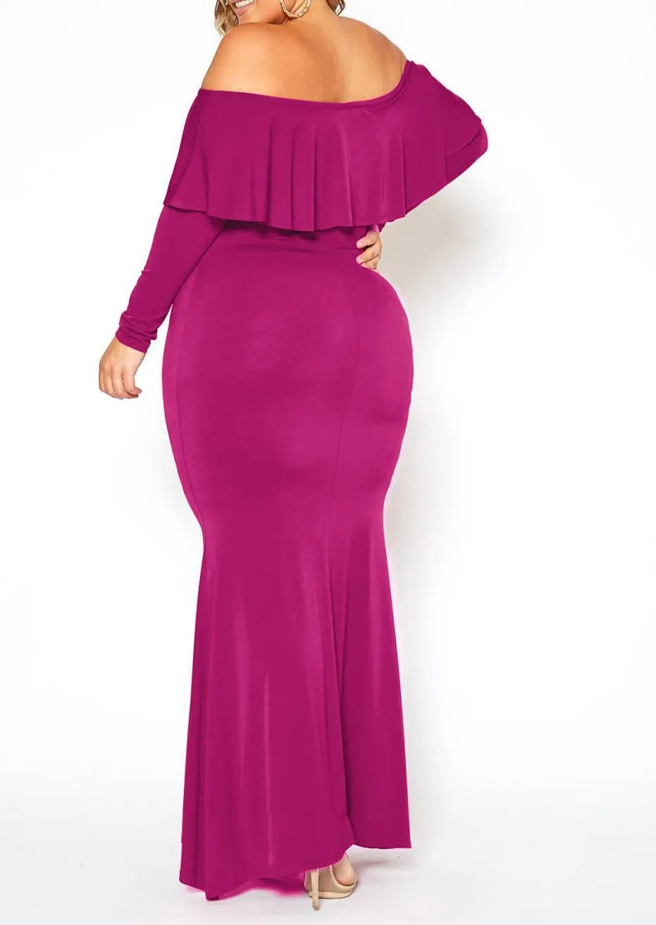 HI Curvy Plus Size Women Elegant Red Carpet Off Shoulder Mermaid Maxi Dress