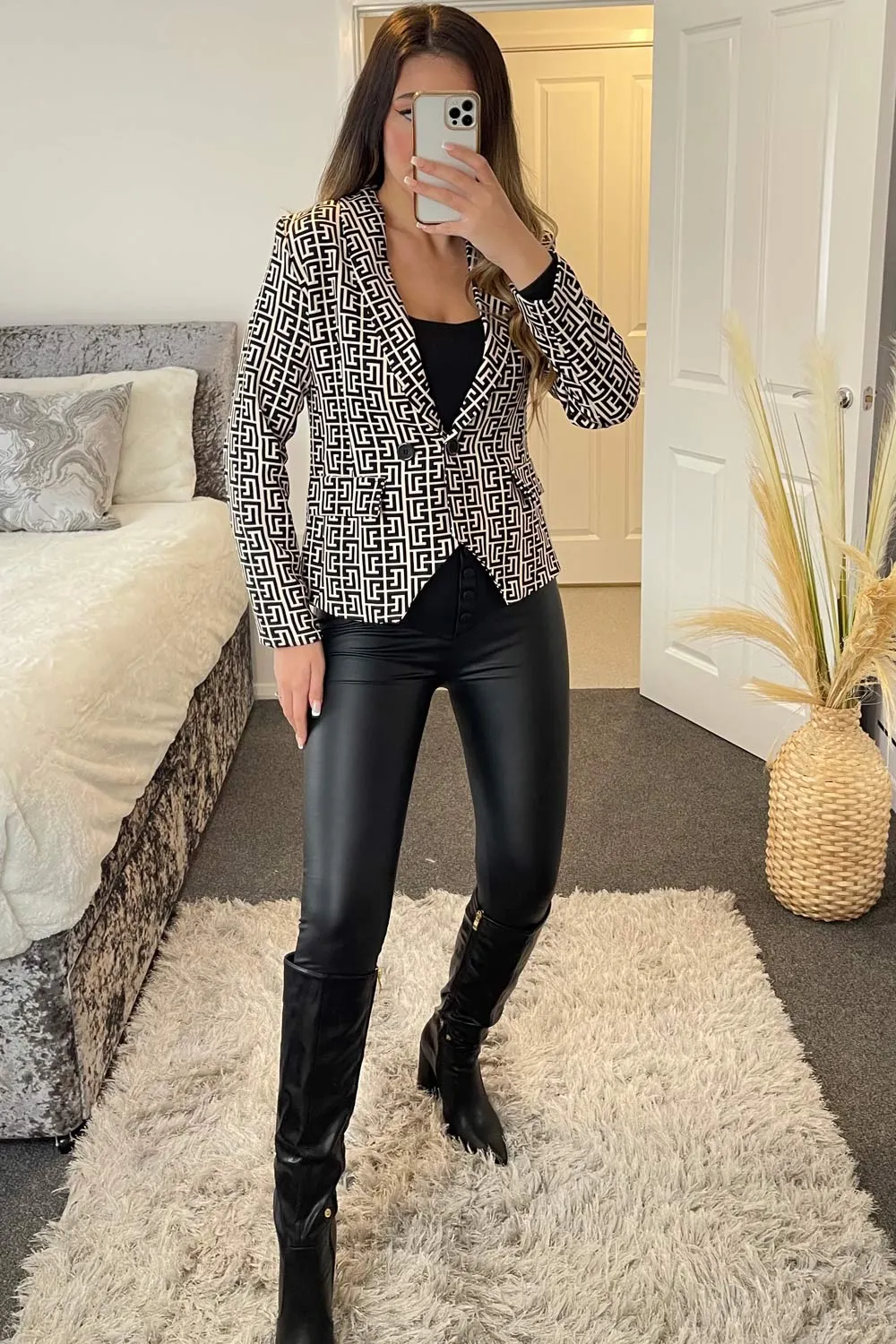 Jessi Black and Beige Aztec Print Tailored Blazer