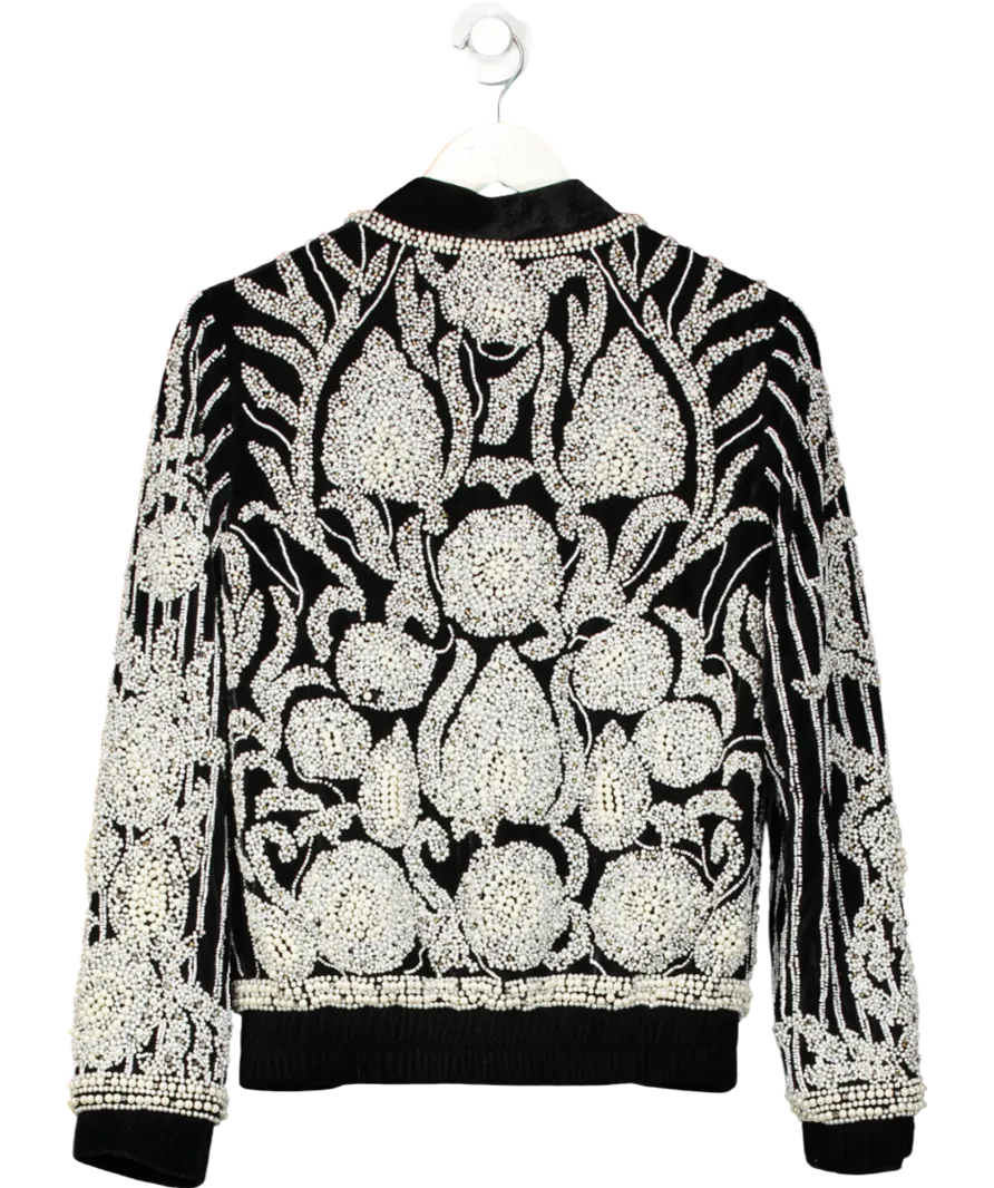 Khanum's Black Velvet Pearl Embellished Bomber Jacket UK S