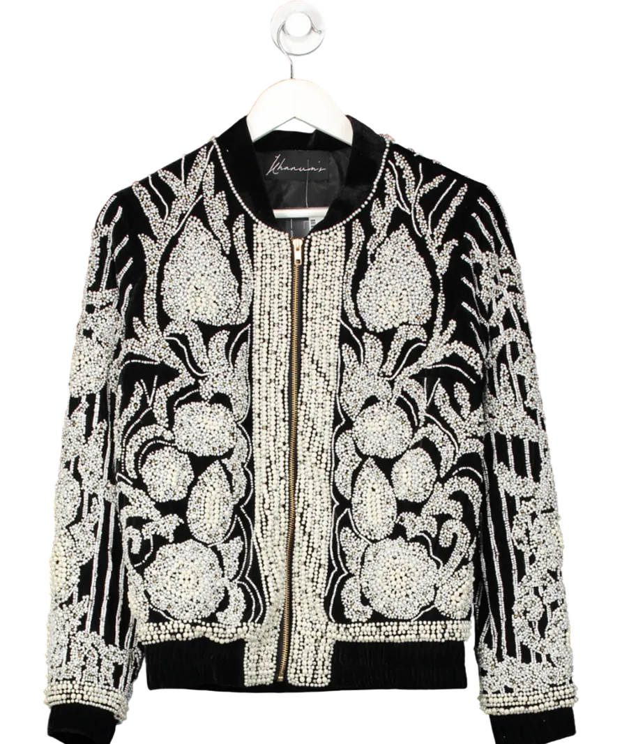 Khanum's Black Velvet Pearl Embellished Bomber Jacket UK S