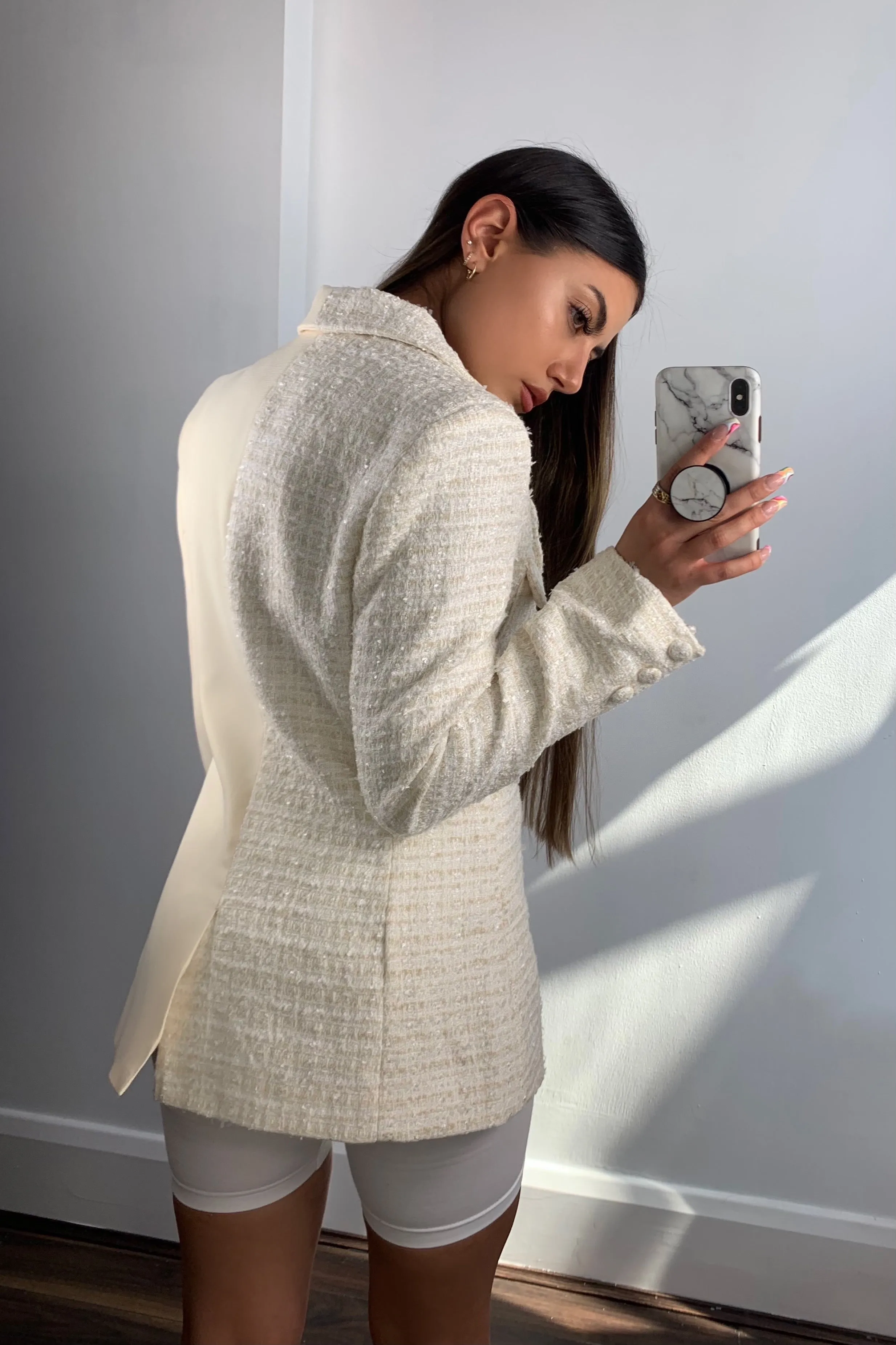 Kim Beige Splice Tweed Tailored Blazer