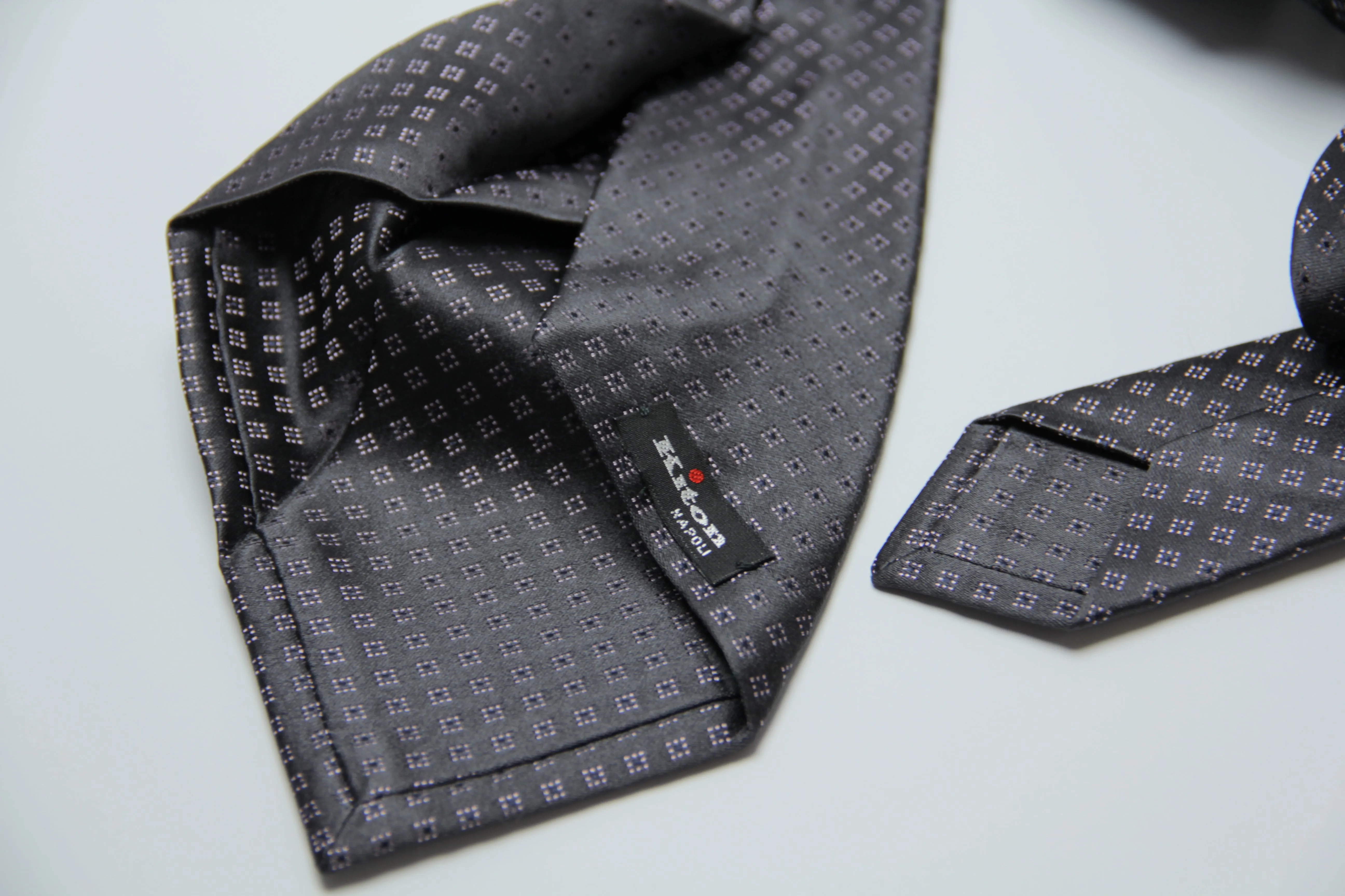 Kiton Napoli Geometric Lozenge Pattern Granite Gray Silk Necktie