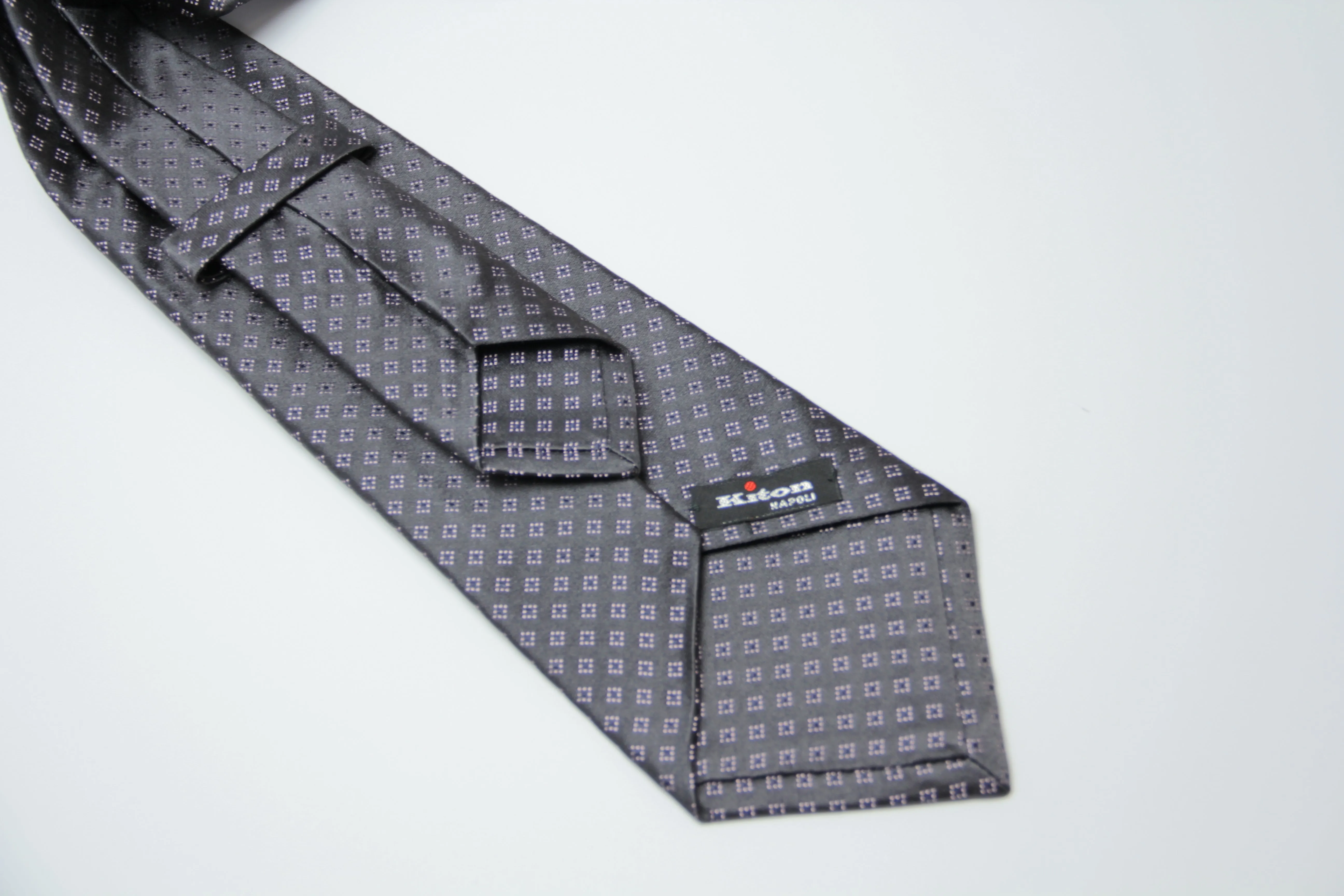 Kiton Napoli Geometric Lozenge Pattern Granite Gray Silk Necktie