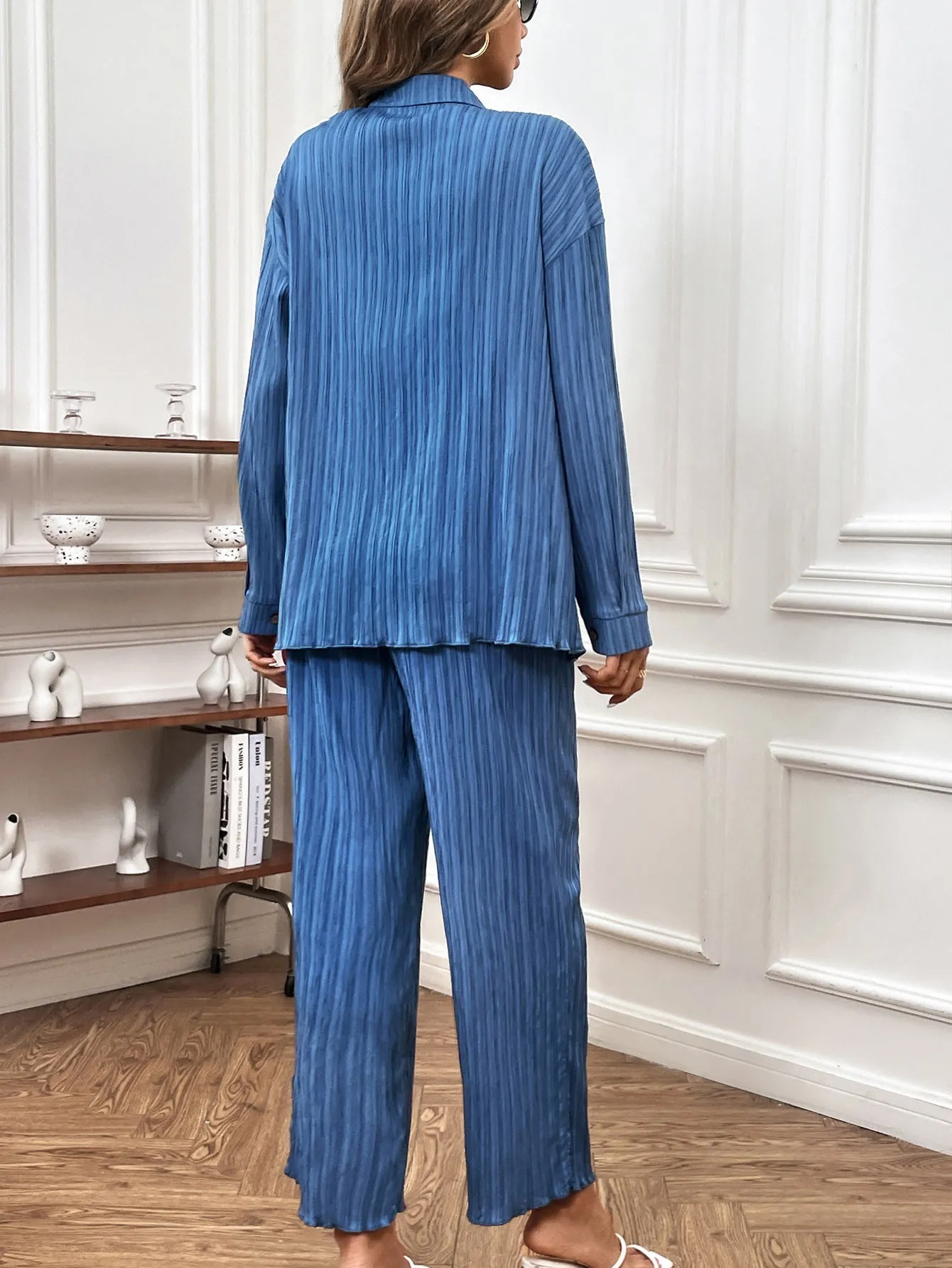 Nsquared Button Shirt Solid Color Straight-leg Pants Two Pieces