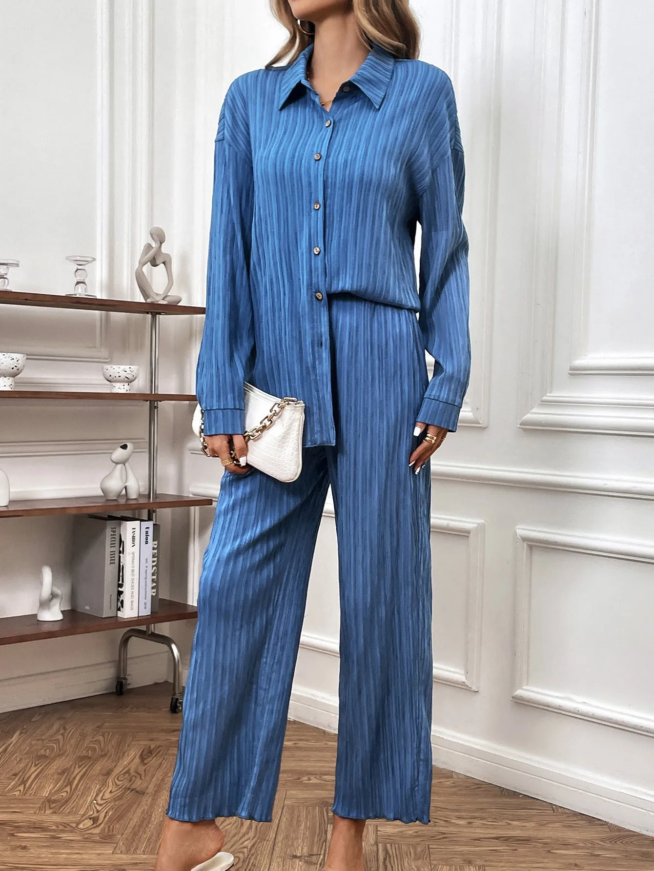 Nsquared Button Shirt Solid Color Straight-leg Pants Two Pieces