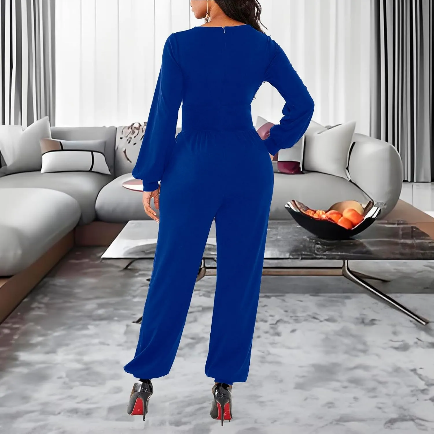 PaladMom Women's Elegant Long Sleeves Work Loose Wide Leg Pants Clubwear Party Dressy Jumpsuits
