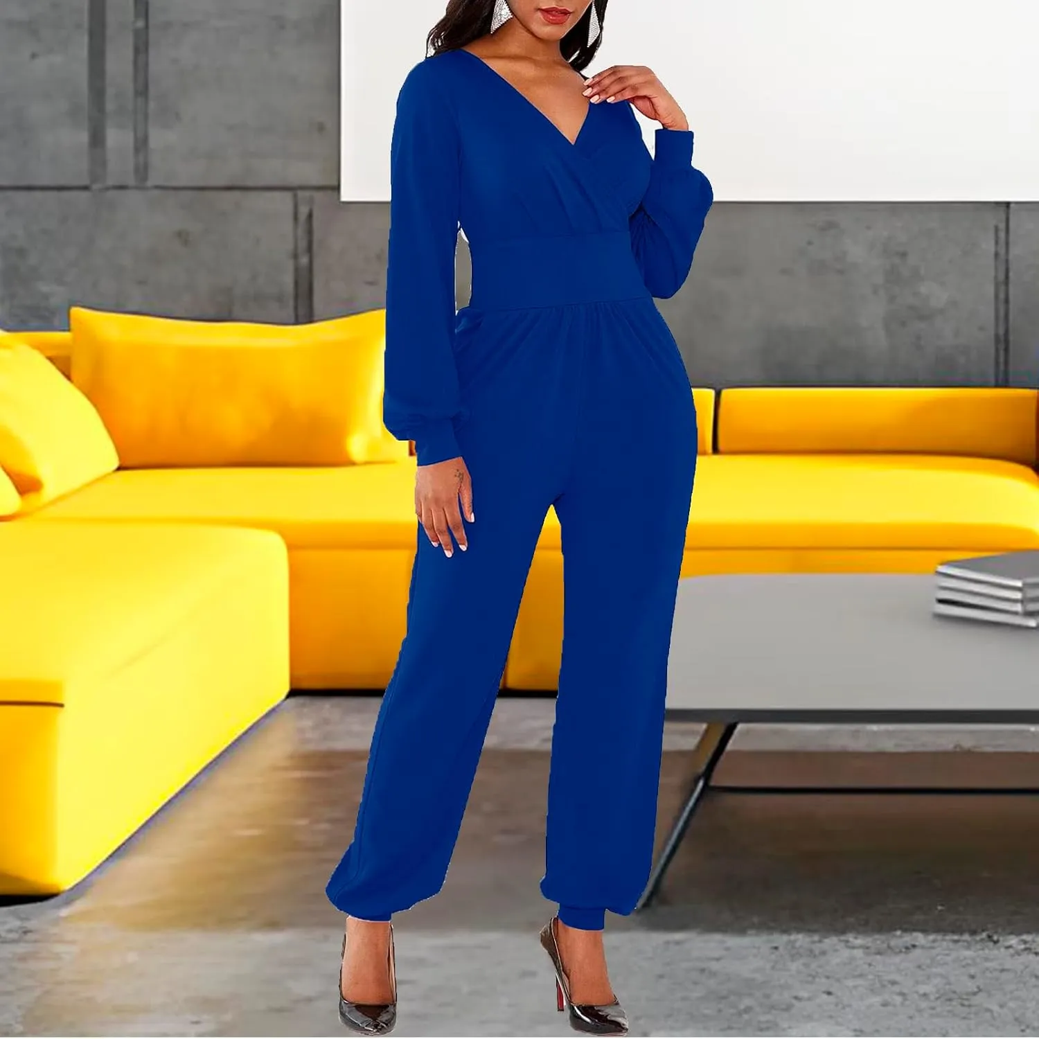 PaladMom Women's Elegant Long Sleeves Work Loose Wide Leg Pants Clubwear Party Dressy Jumpsuits