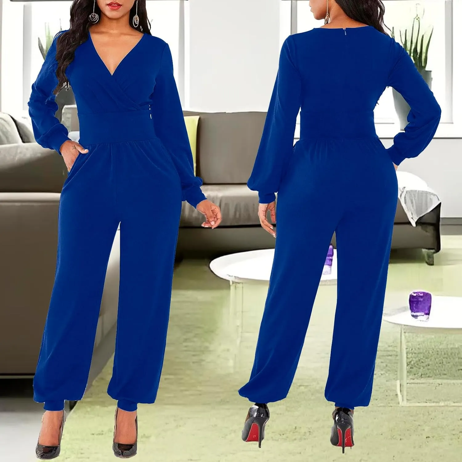 PaladMom Women's Elegant Long Sleeves Work Loose Wide Leg Pants Clubwear Party Dressy Jumpsuits
