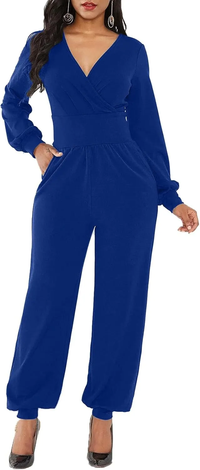 PaladMom Women's Elegant Long Sleeves Work Loose Wide Leg Pants Clubwear Party Dressy Jumpsuits