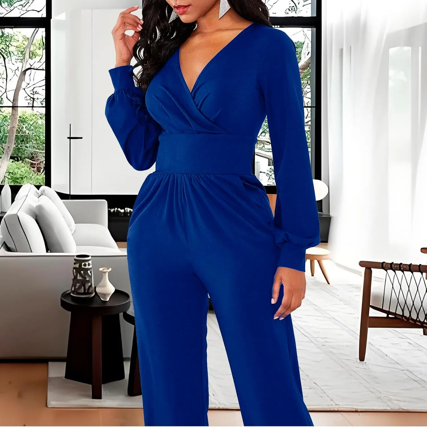 PaladMom Women's Elegant Long Sleeves Work Loose Wide Leg Pants Clubwear Party Dressy Jumpsuits
