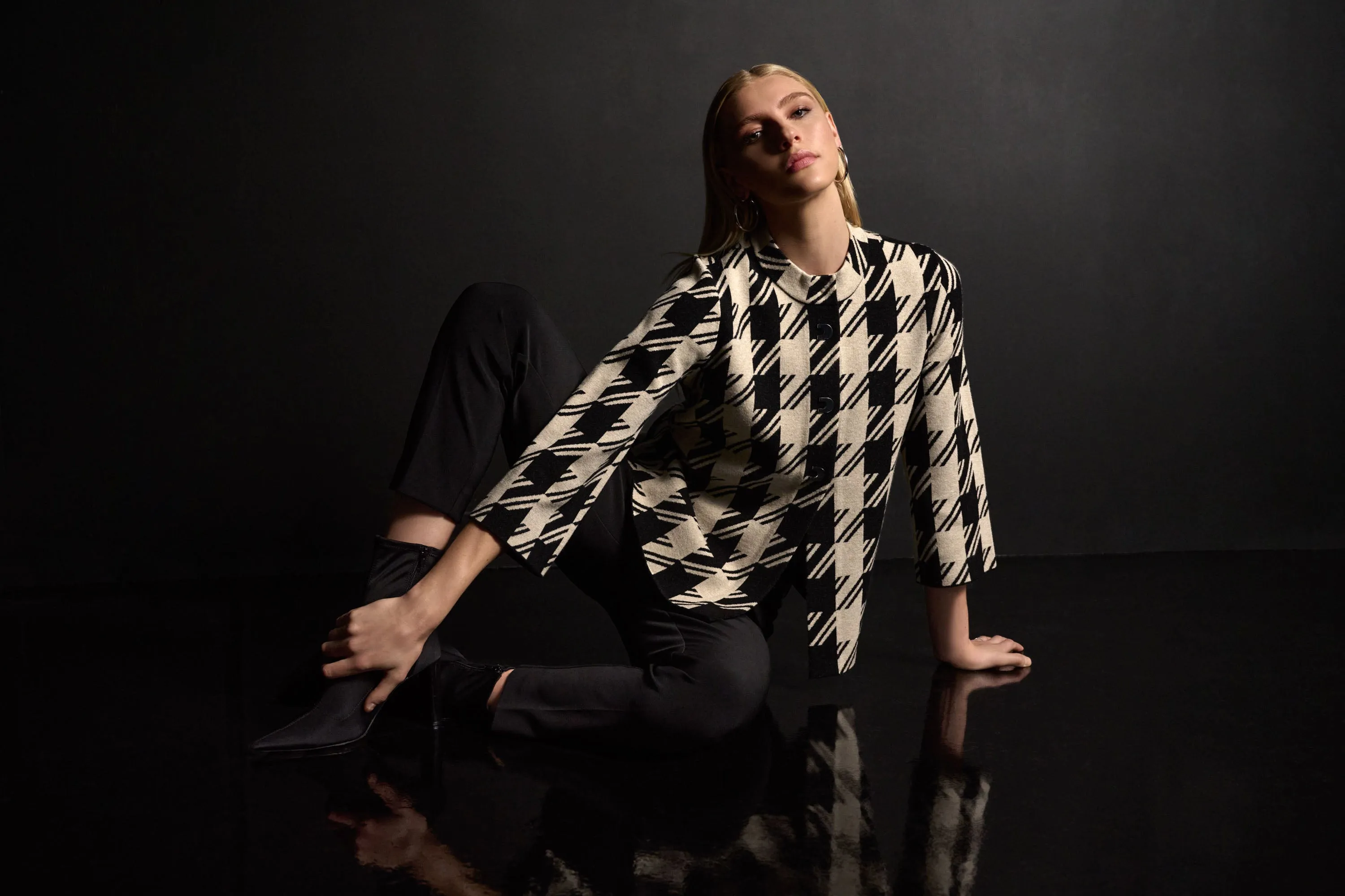 Plaid Jacquard Sweater Jacket With Mock Neck