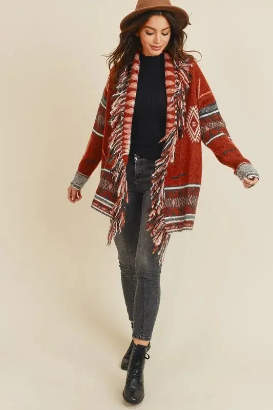 Sienna Aztec Open Front Fringe Cardigan