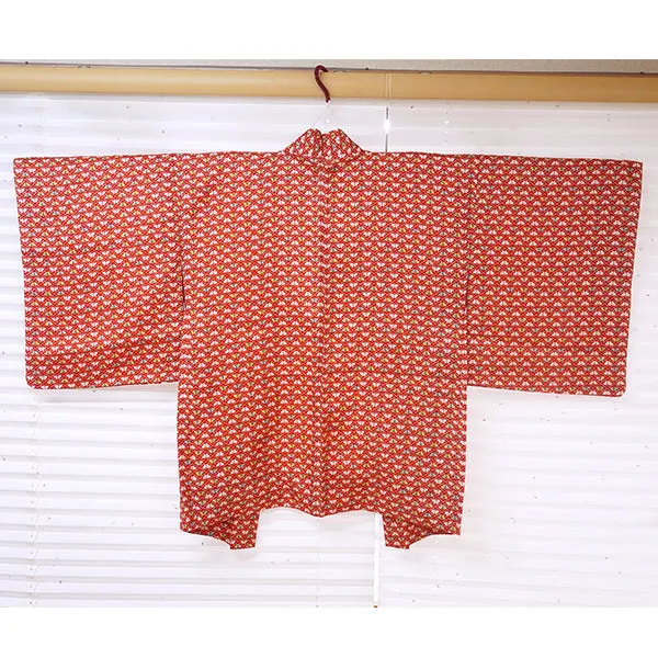 Vintage Haori Kimono Jacket Silk, Bold Red base, Butterflies, Diamond