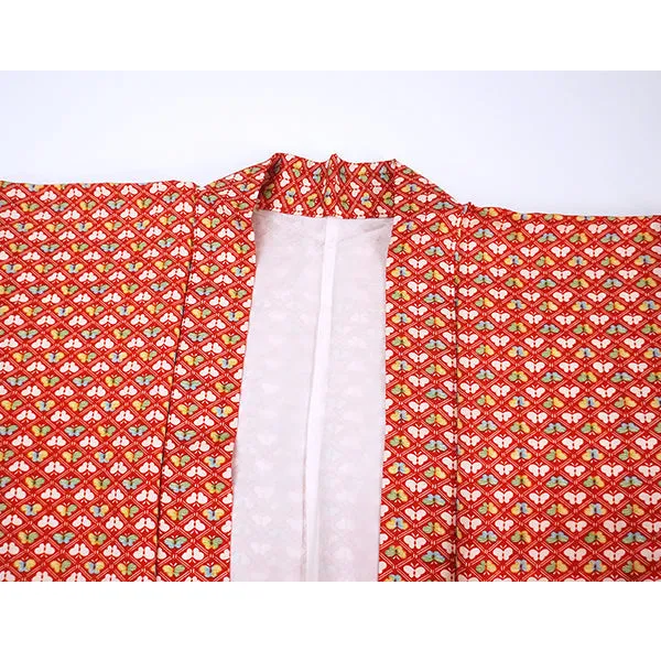 Vintage Haori Kimono Jacket Silk, Bold Red base, Butterflies, Diamond
