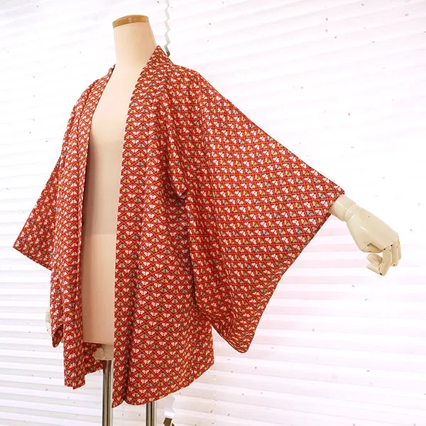 Vintage Haori Kimono Jacket Silk, Bold Red base, Butterflies, Diamond