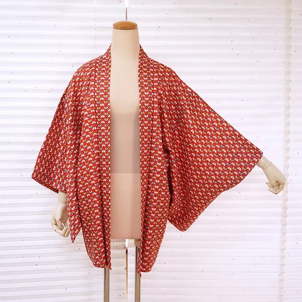 Vintage Haori Kimono Jacket Silk, Bold Red base, Butterflies, Diamond