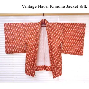 Vintage Haori Kimono Jacket Silk, Bold Red base, Butterflies, Diamond