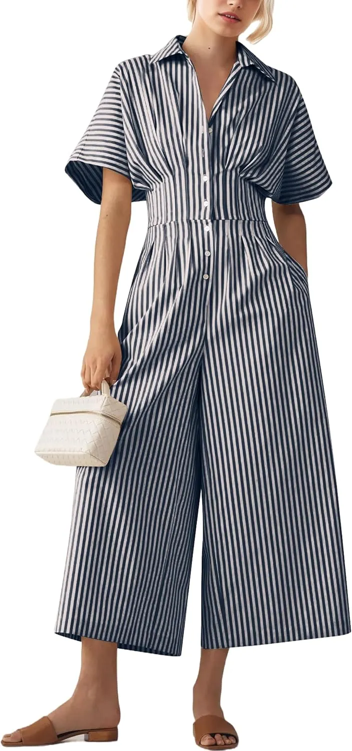 Women Striped Button Down Pleated Jumpsuits Dressy Summer Short Sleeve Wide Leg Pants Rompers Overalls