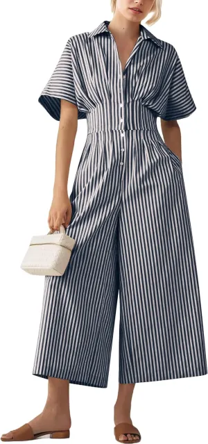 Women Striped Button Down Pleated Jumpsuits Dressy Summer Short Sleeve Wide Leg Pants Rompers Overalls
