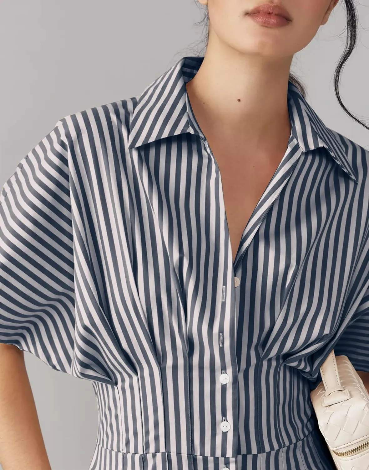 Women Striped Button Down Pleated Jumpsuits Dressy Summer Short Sleeve Wide Leg Pants Rompers Overalls
