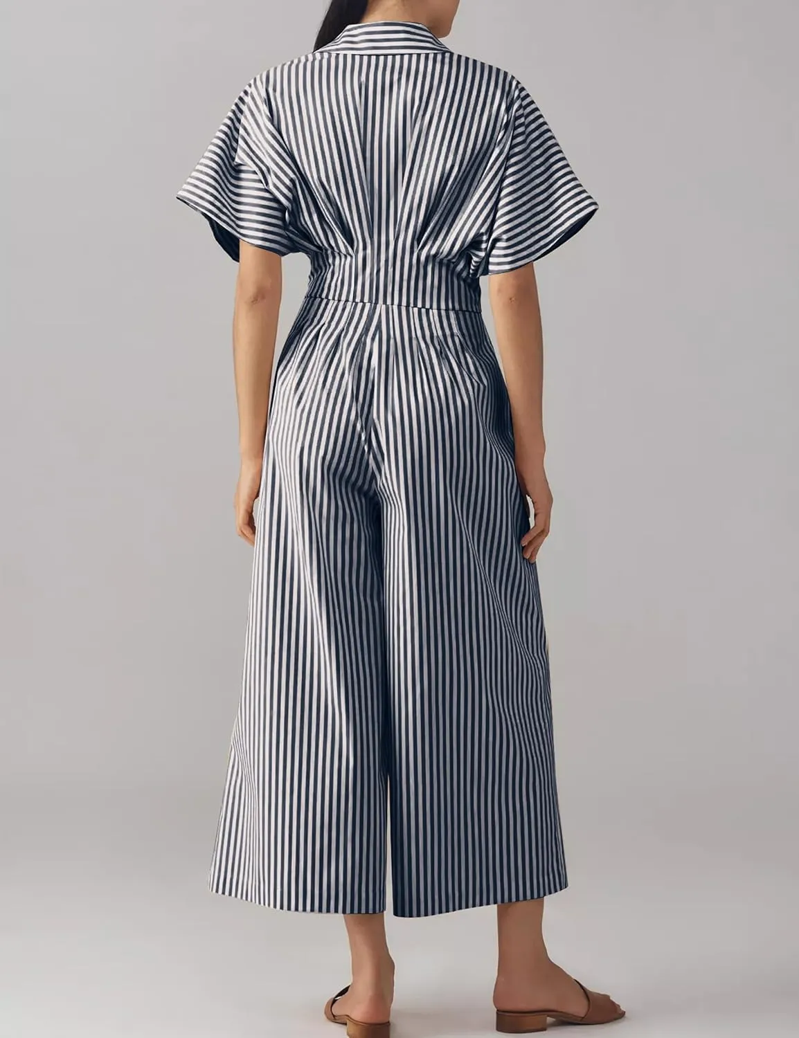 Women Striped Button Down Pleated Jumpsuits Dressy Summer Short Sleeve Wide Leg Pants Rompers Overalls