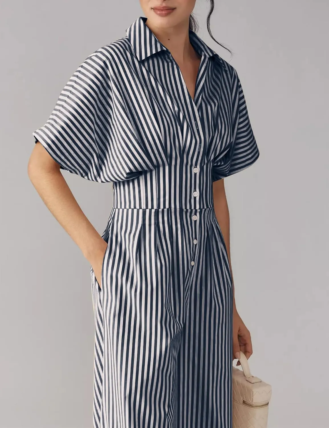 Women Striped Button Down Pleated Jumpsuits Dressy Summer Short Sleeve Wide Leg Pants Rompers Overalls