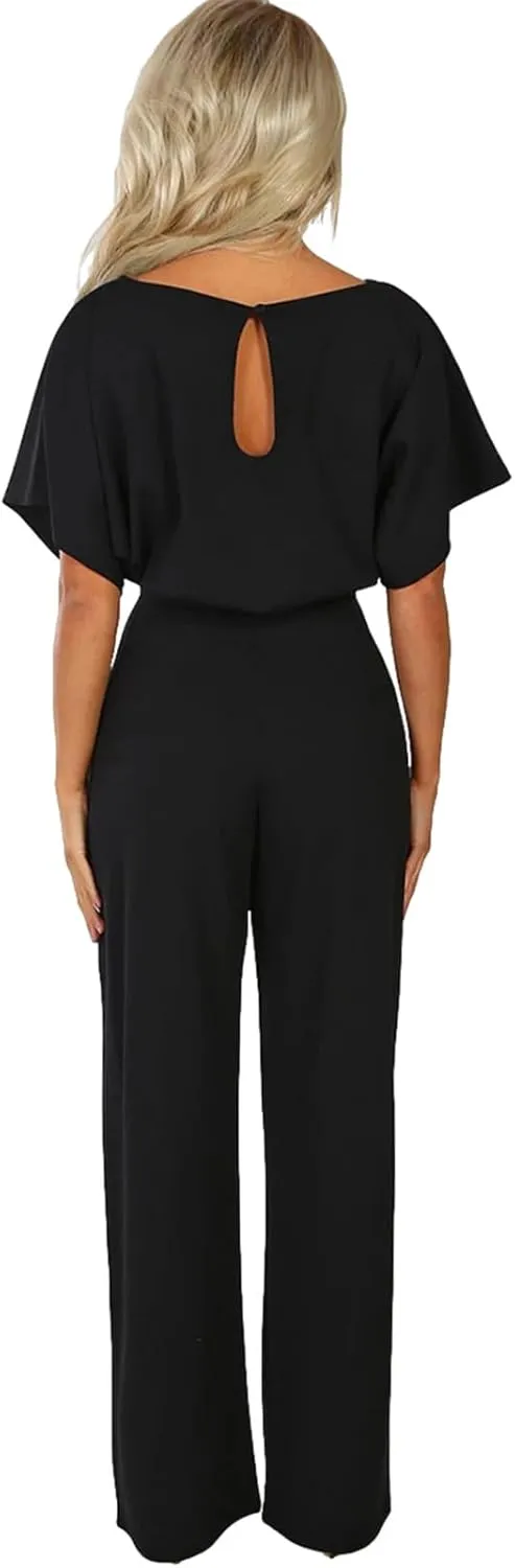 Women's Short Sleeve Jumpsuits Belted Wide Leg Long Pant Romper