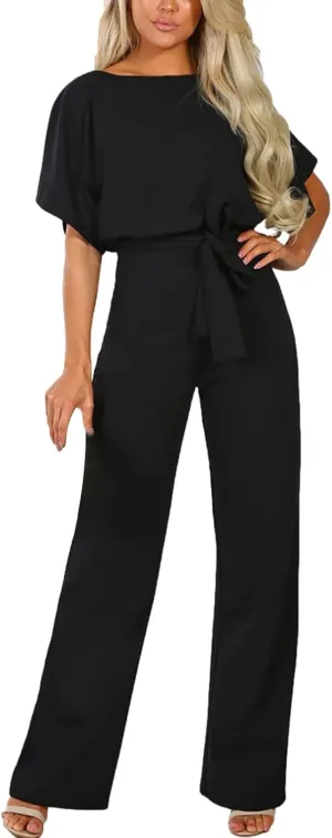 Women's Short Sleeve Jumpsuits Belted Wide Leg Long Pant Romper